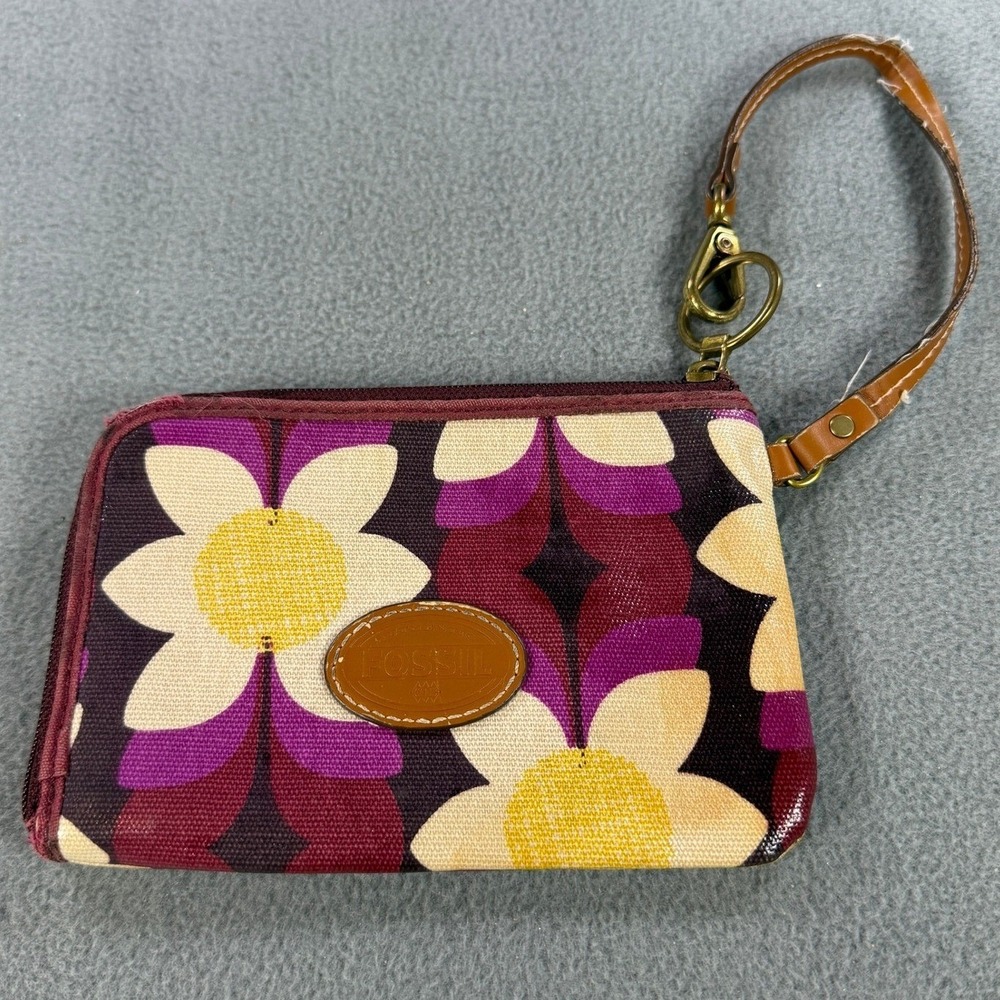 Fossil Retro Floral Wristlet Wallet Purple Yellow Coated Canvas SL4522